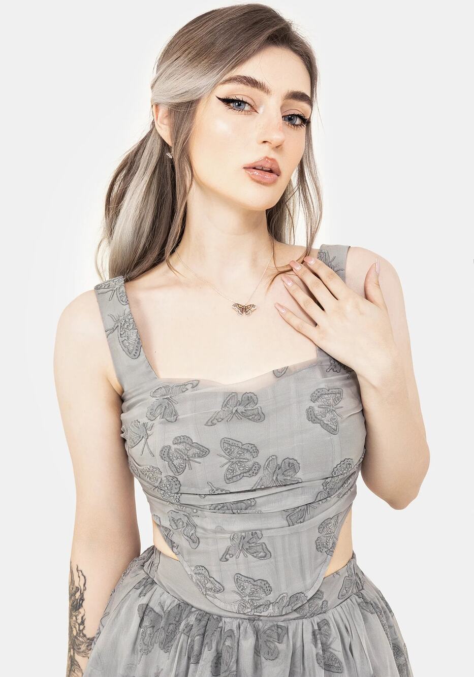 Disturbia Vanessa Butterfly Grey Organza Corset Crop Top 14 Whimsigoth Fairycore